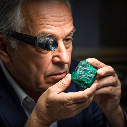 Close-up of an elderly gemologist with a jeweler's loupe inspecting a high-grade rough emerald under soft, focused lighting