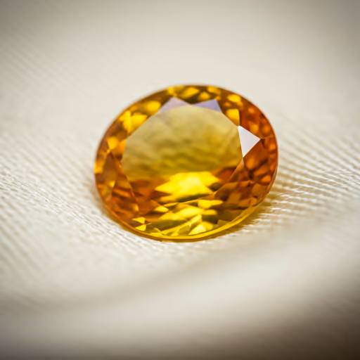 Close-up of a high-quality loose yellow sapphire gemstone resting on a textured cream silk fabric with soft editorial lighting